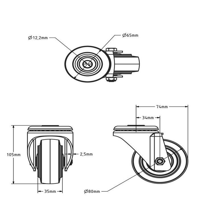 Rubber zwenkwiel 80 mm - kogellager - 110 kg