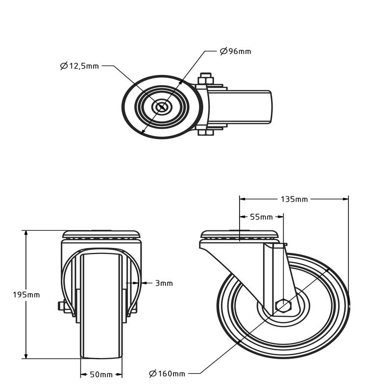 PU zwenkwiel 160 mm - boutgat - rollager- 300 kg