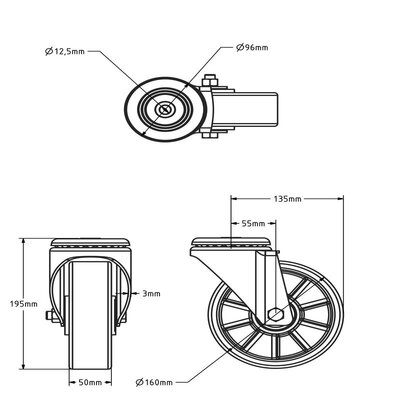 PU zwenkwiel 160 mm - kogellager - 300 kg