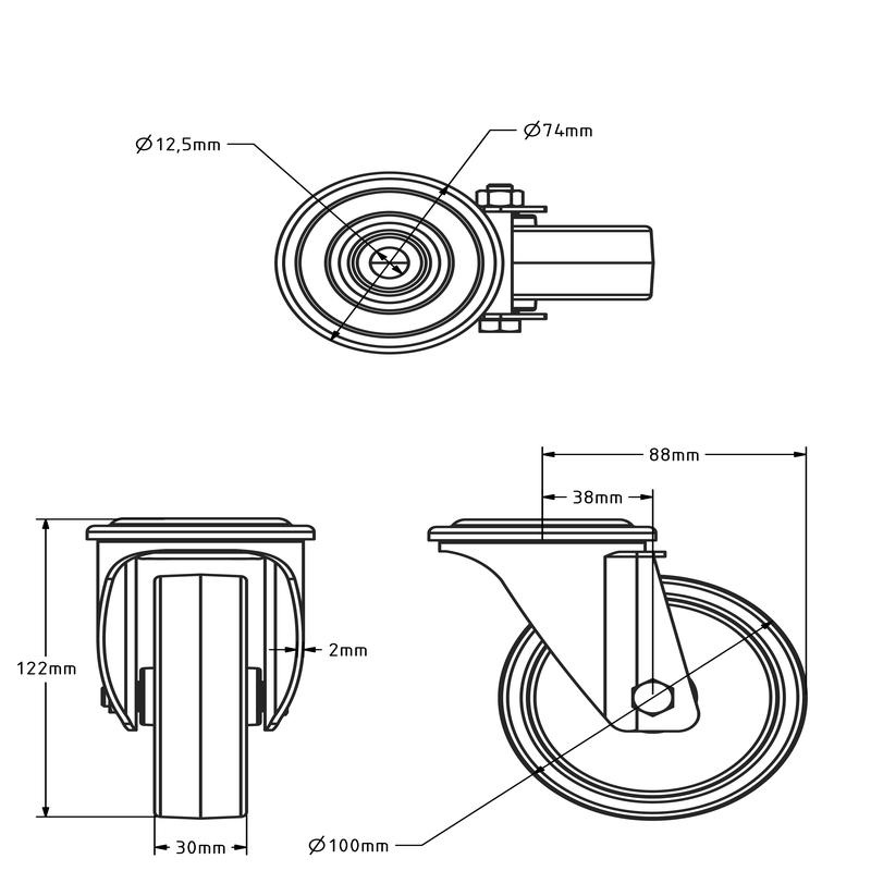 Rvs zwenkwiel 100 mm - Nylon - 200 kg