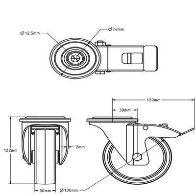 Rvs zwenkwiel met rem 100 mm - Nylon - 200 kg