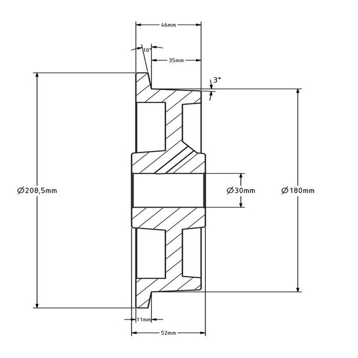 Flenswiel 180 mm - gietijzer - 1200 kg