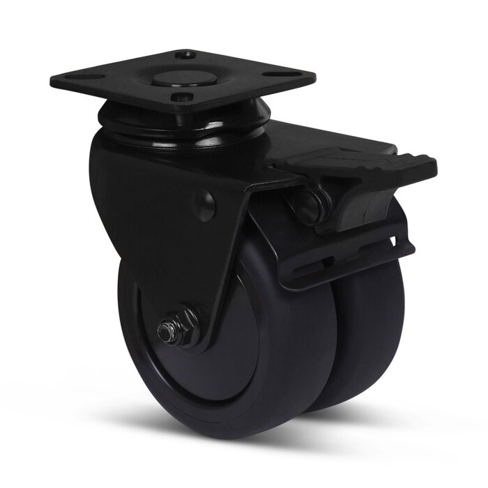 Dubbel zwart zwenkwiel met rem 75 mm - plaat - 120 kg