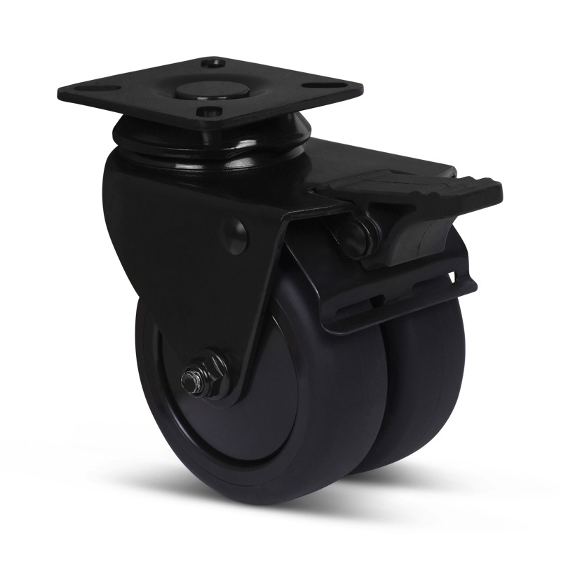 Dubbel zwart zwenkwiel met rem 75 mm - plaat - 120 kg