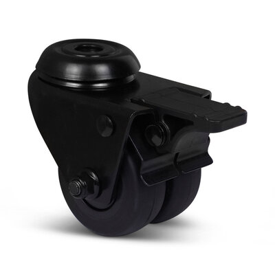 Dubbel zwart zwenkwiel met rem 50 mm - boutgat - 80 kg