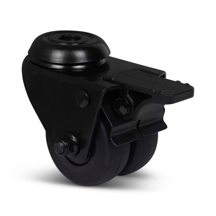 Dubbel zwart zwenkwiel met rem 50 mm - boutgat - 80 kg