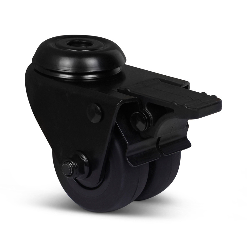 Dubbel zwart zwenkwiel met rem 50 mm - boutgat - 80 kg