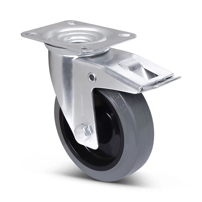 Rubber zwenkwiel met rem 125 mm - rollager - 220 kg