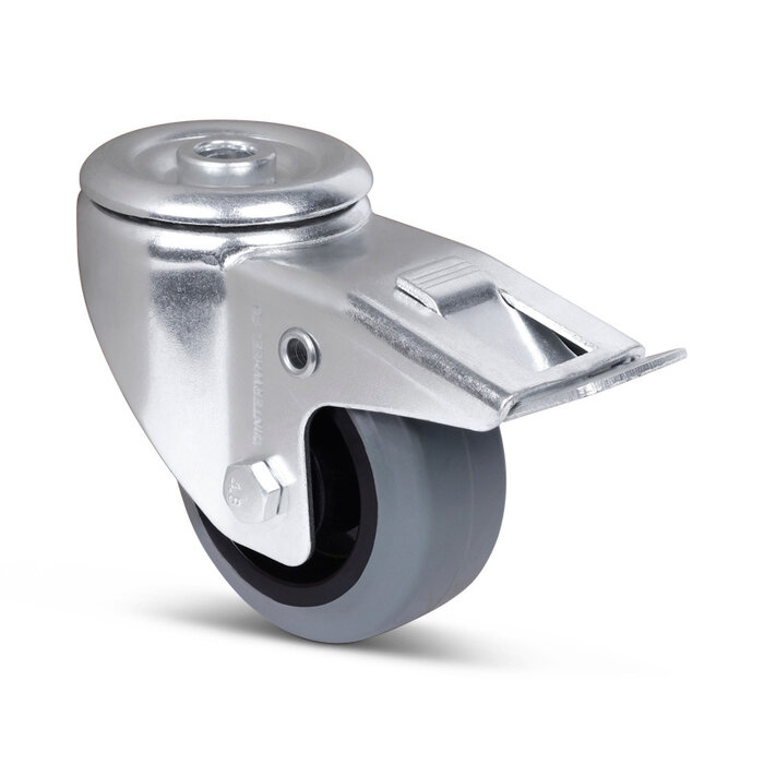 Rubber zwenkwiel met rem 80 mm - rollager - 110 kg