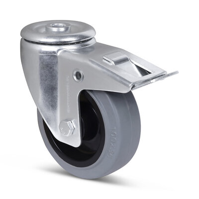 Rubber zwenkwiel met rem 100 mm - rollager - 160 kg