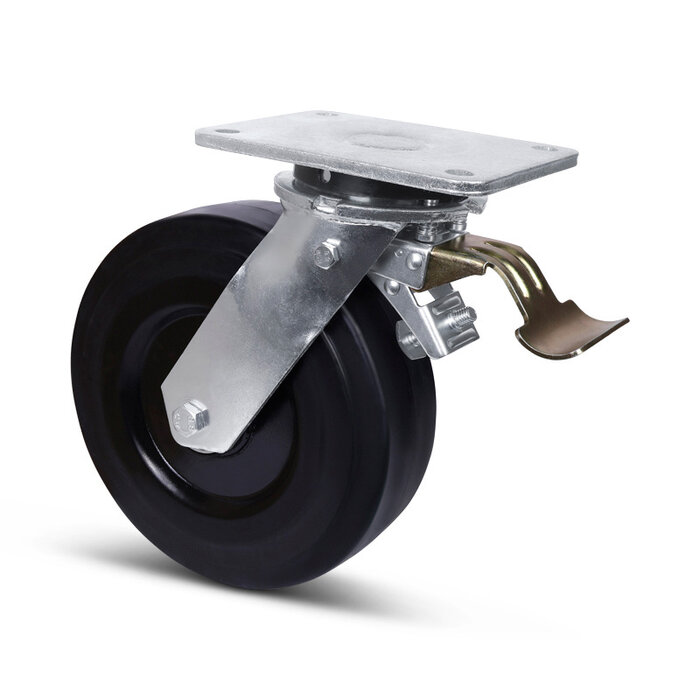 Zwaarlast elastisch rubber zwenkwiel met rem 250 mm - 1000 kg