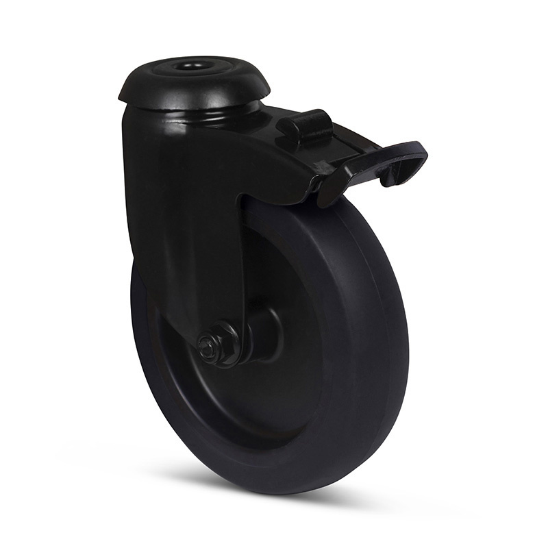 Zwart zwenkwiel met rem 100 mm - boutgat - 80 kg