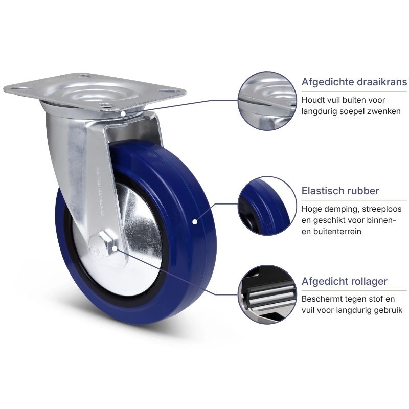 Flightcase rubber zwenkwiel 125 mm - 220 kg