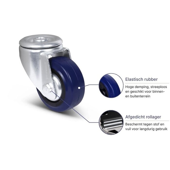 Blauw rubber zwenkwiel 80 mm - 110 kg