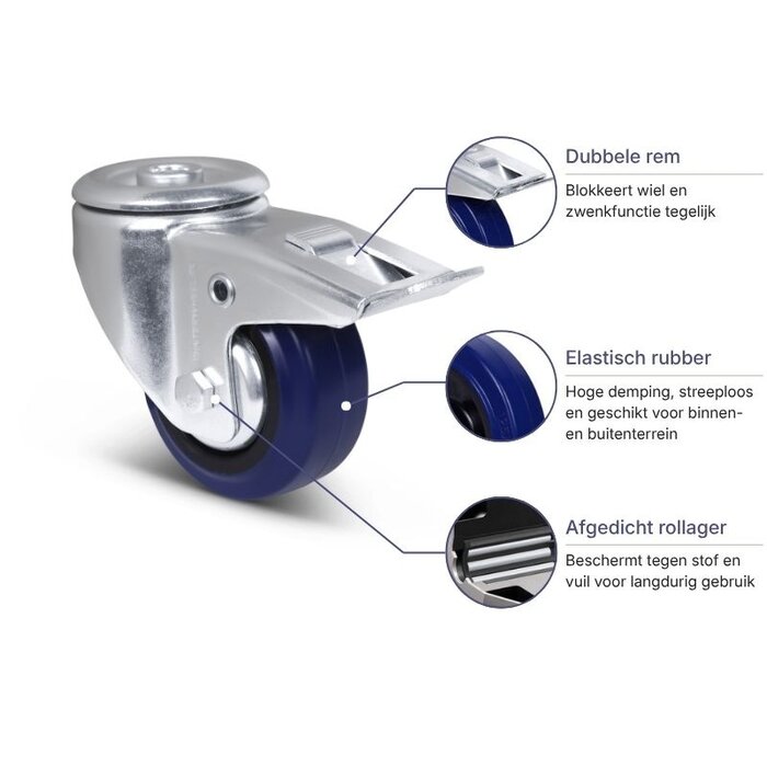 Blauw rubber zwenkwiel met rem 80 mm - 110 kg