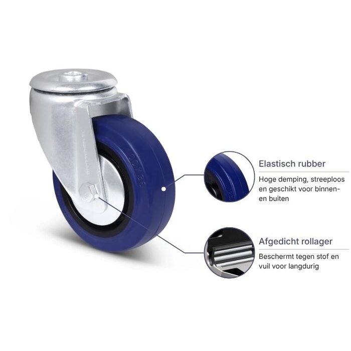Blauw rubber zwenkwiel 100 mm - 160 kg
