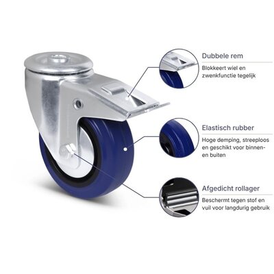 Blauw rubber zwenkwiel met rem 100 mm - 160 kg