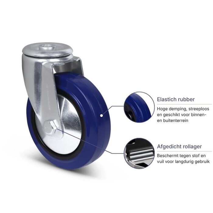 Blauw rubber zwenkwiel 125 mm - 220 kg