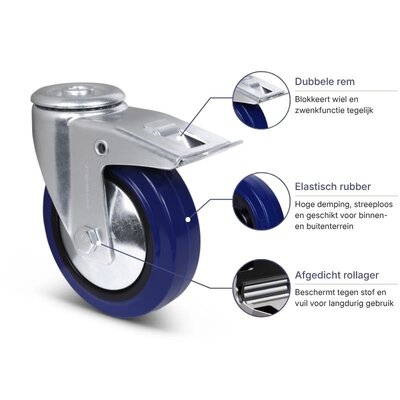 Blauw rubber zwenkwiel met rem 125 mm - 220 kg