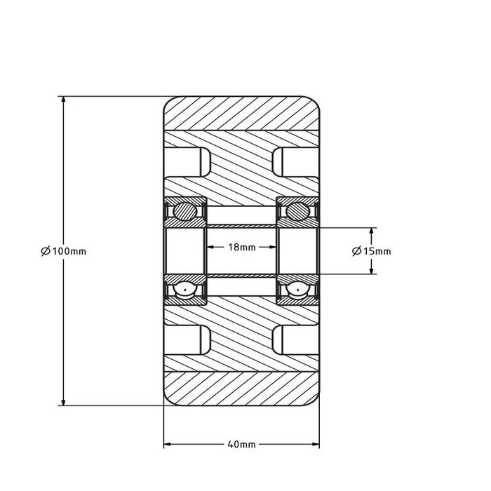 PU wiel 100 mm - kogellager asgat 15 mm - 250 kg
