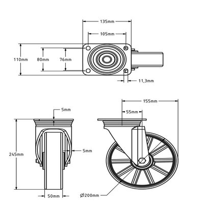 ESD PU zwenkwiel 200 mm - antistatisch - kogellager - 560 kg