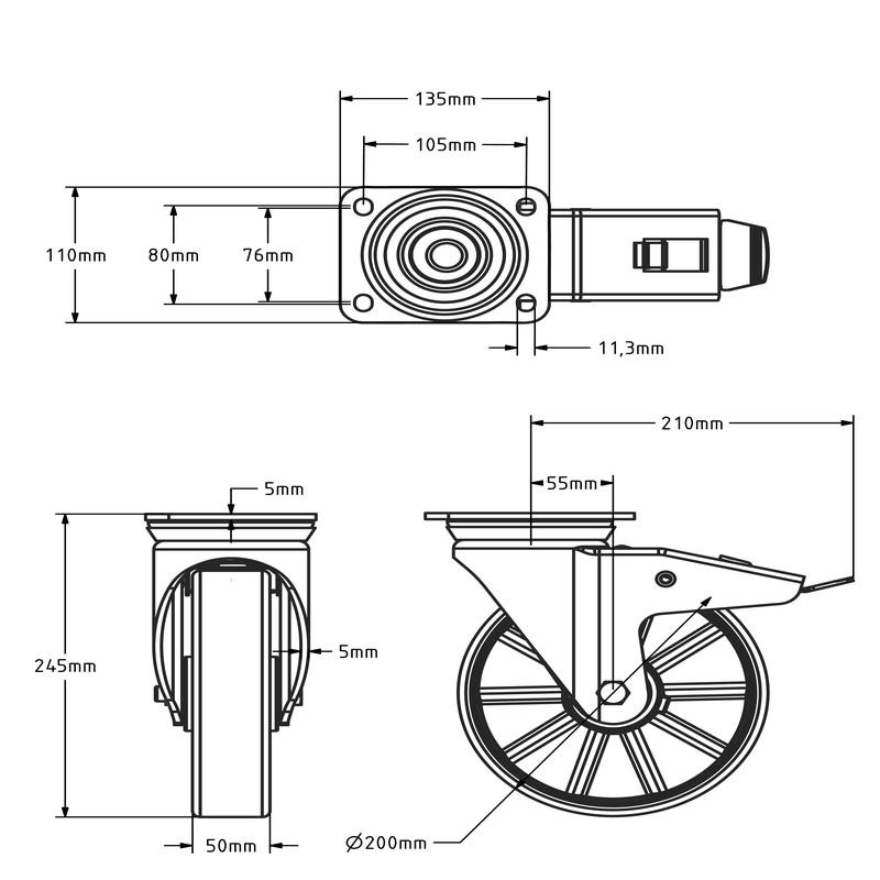 ESD PU zwenkwiel met rem 200 mm - kogellager - 560 kg