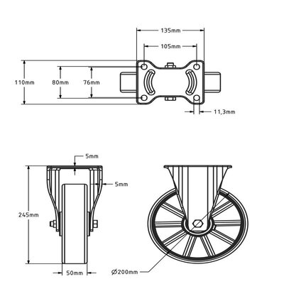 ESD PU bokwiel 200 mm - kogellager - 560 kg