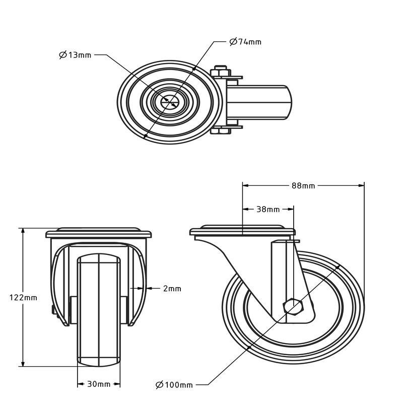 Rvs zwenkwiel 100 mm - Rubber - 100 kg