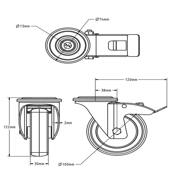 Rvs zwenkwiel met rem 100 mm - Rubber - 100 kg