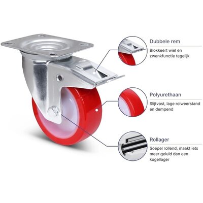 PU zwenkwiel met rem 100 mm - rollager - 150 kg