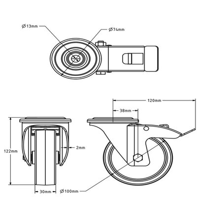 Rvs zwenkwiel met rem 100 mm - Nylon - 200 kg