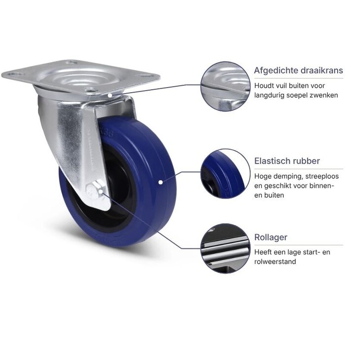 Rubber zwenkwiel 100 mm - rollager - 160 kg
