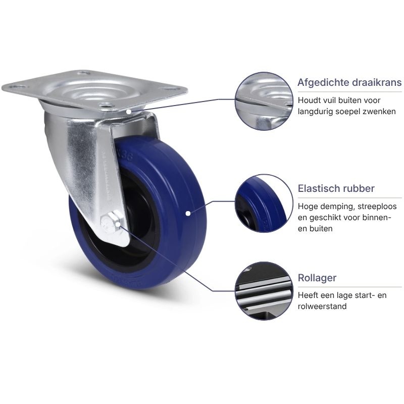 Rubber zwenkwiel 100 mm - rollager - 160 kg