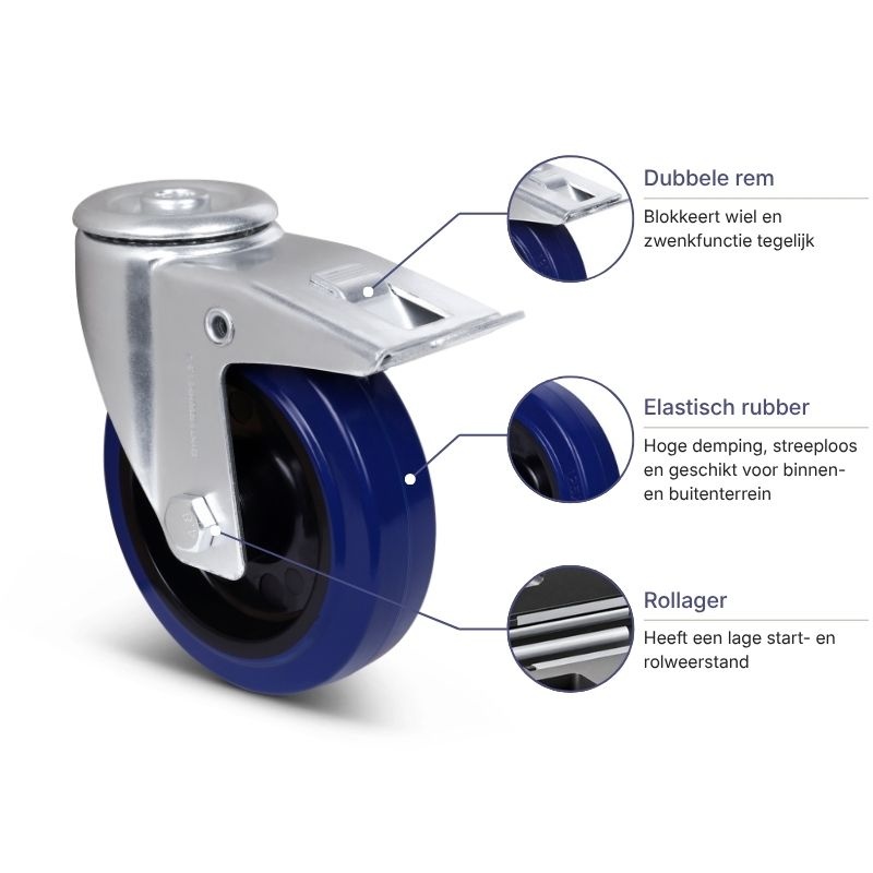 Rubber zwenkwiel met rem 125 mm - rollager - 220 kg