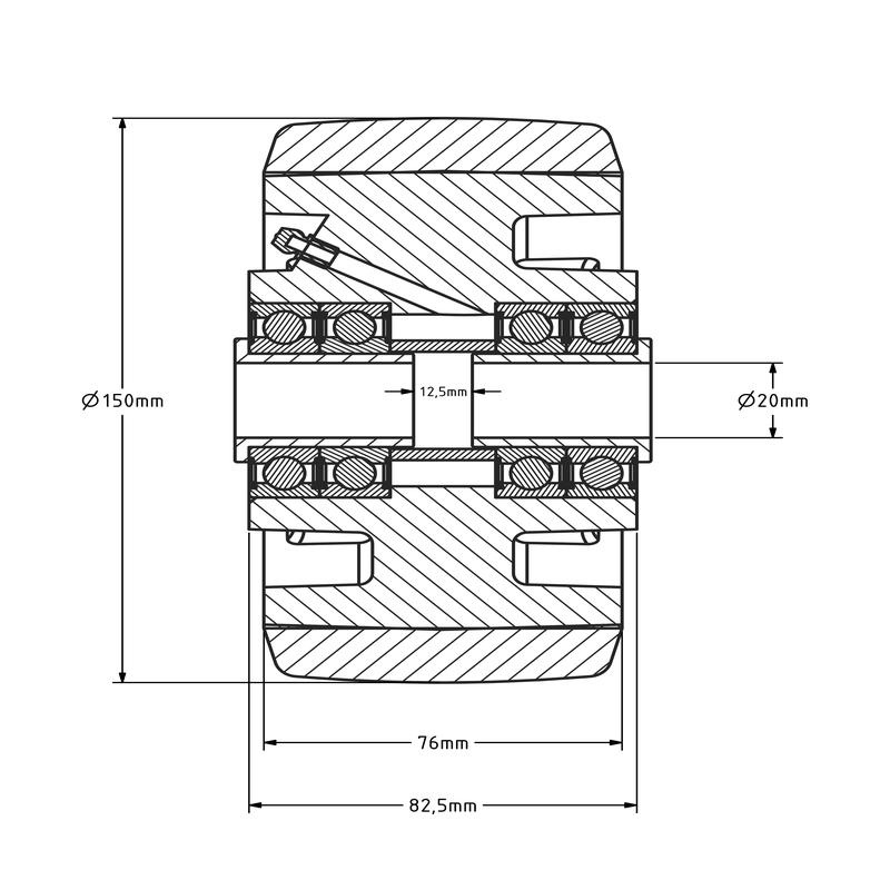 PU wiel 150 mm - kogellager asgat 20 mm - 1800 kg