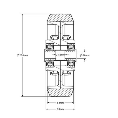PU wiel 250 mm - kogellager asgat 20 mm - 2000 kg