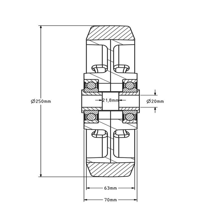 PU wiel 250 mm - kogellager asgat 20 mm - 2000 kg