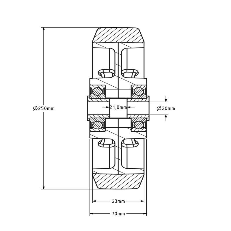 PU wiel 250 mm - kogellager asgat 20 mm - 2000 kg