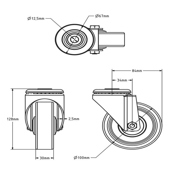Rubber zwenkwiel 100 mm - kogellager - 100 kg