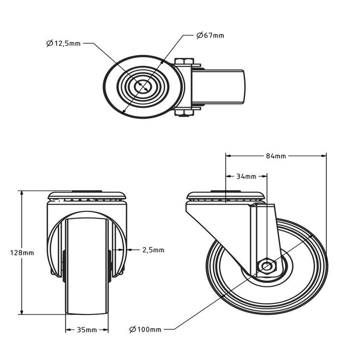 PU zwenkwiel 100 mm - rollager - 150 kg
