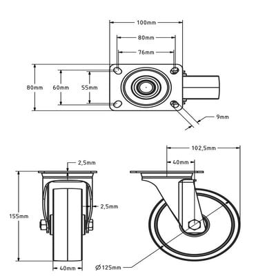 Rvs zwenkwiel 125 mm - Nylon - 300 kg