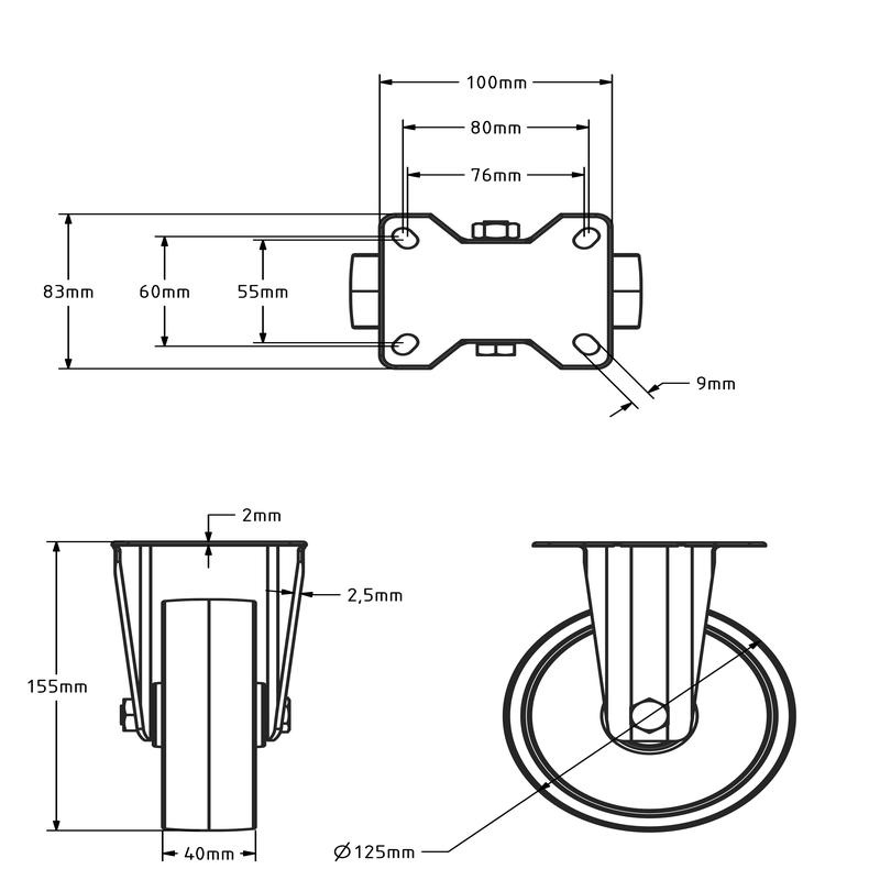 Rvs bokwiel 125 mm - Nylon - 300 kg