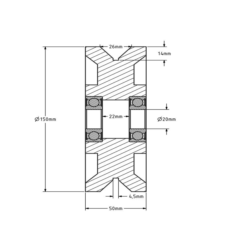Groefwiel 150 mm met V groef - 1200 kg