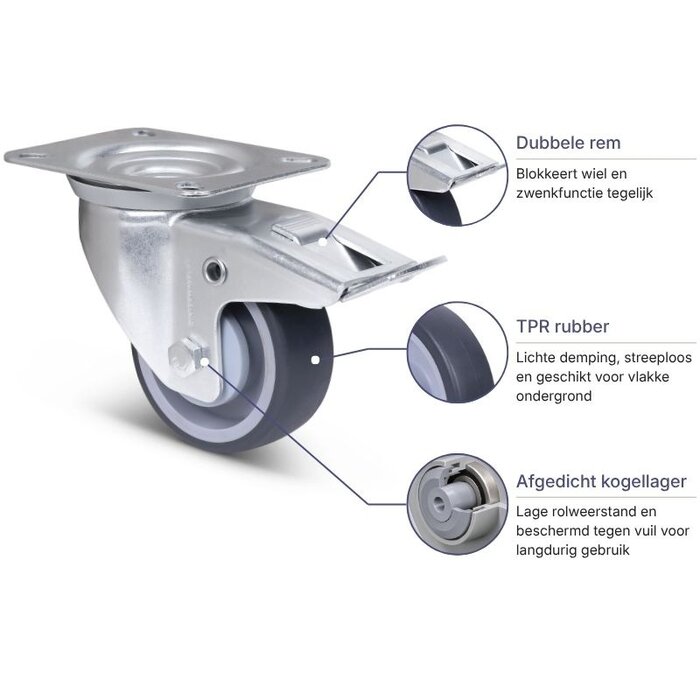 Rubber zwenkwiel met rem 80 mm - kogellager - 80 kg
