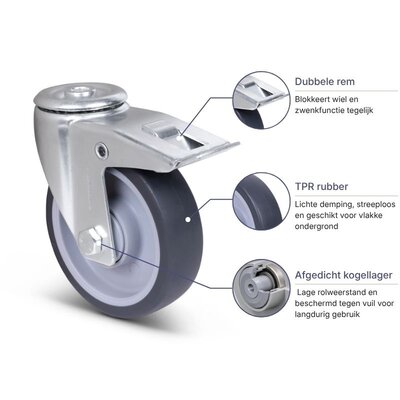 Rubber zwenkwiel met rem 125 mm - kogellager - 135 kg