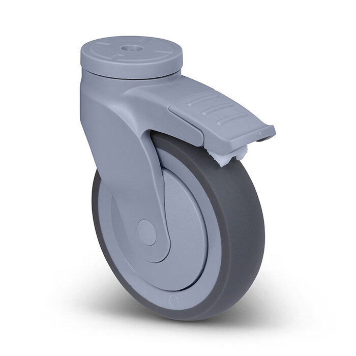 Rubber zwenkwiel met rem 125 mm - boutgat - 100 kg