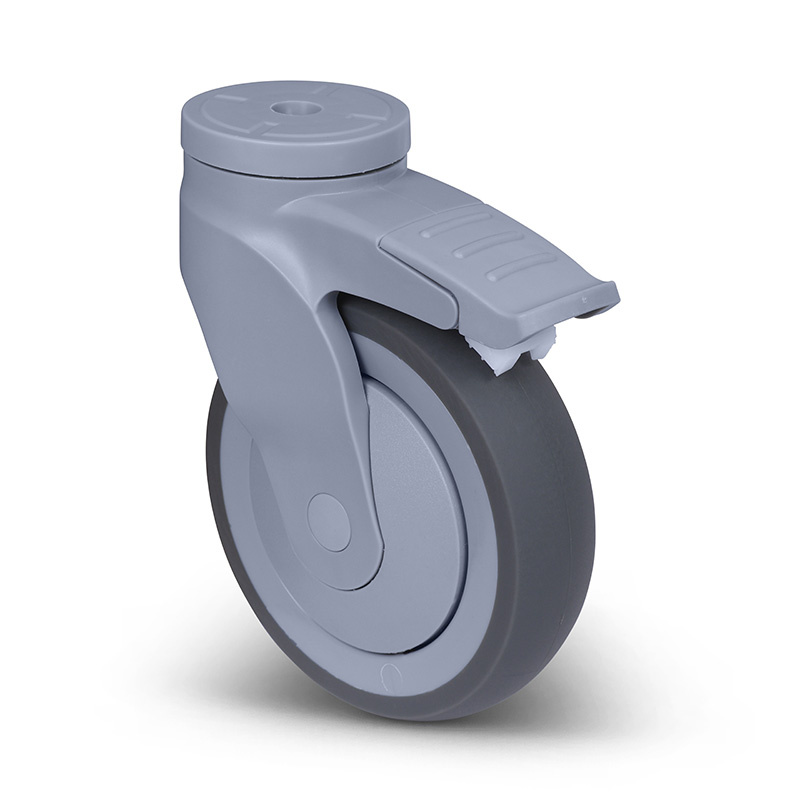 Rubber zwenkwiel met rem 125 mm - boutgat - 100 kg