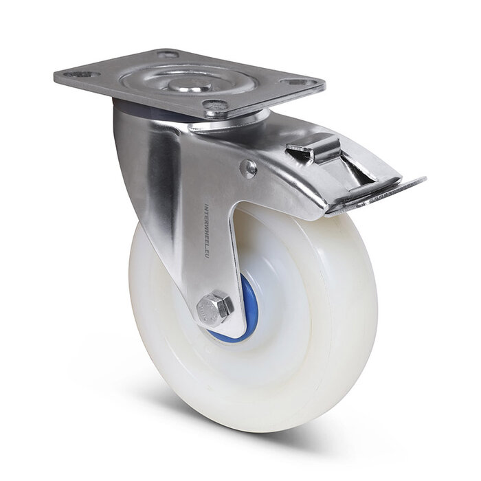 Rvs polyamide zwenkwiel met rem 80 mm - kogellager - 150 kg