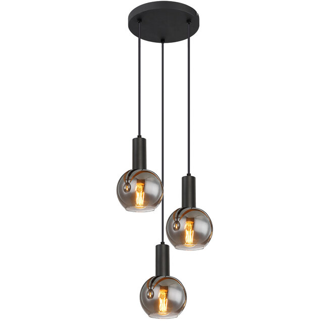 Glasbol Design Hanglamp - 3-Lichts - Smoke Glazen - E27 Fittingen - Zwarte Ronde Plafondplaat (RAL-9005)