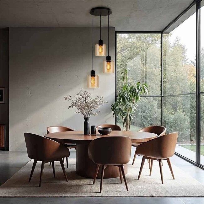 Cilinder Design Hanglamp - 3-Lichts - Amber Glazen - E27 fittings - Ronde Plafondplaat